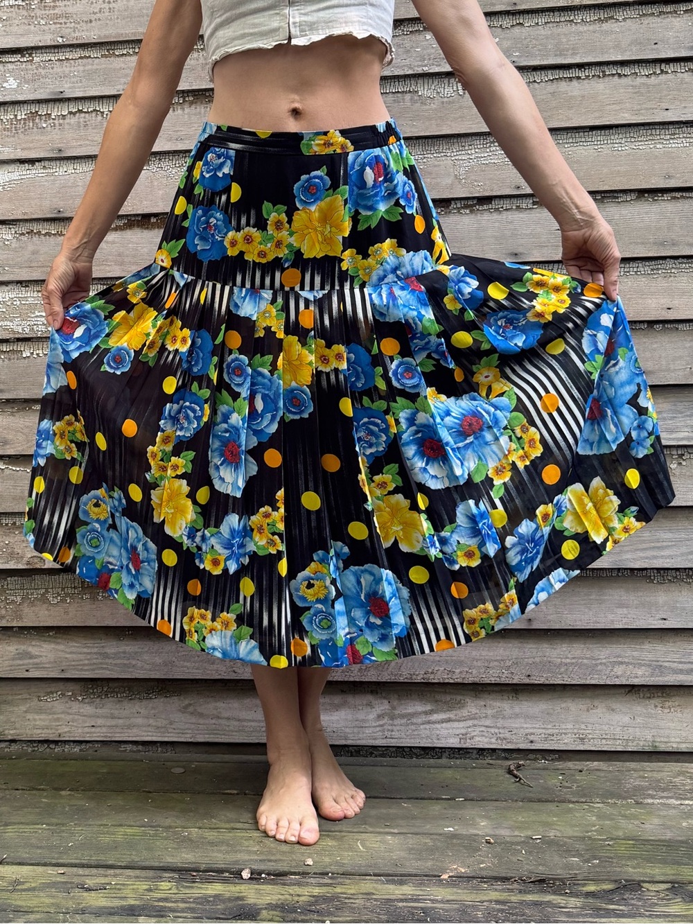 Floral Pleated Chiffon Midi Skirt in Black with Blue & Yellow Flowers